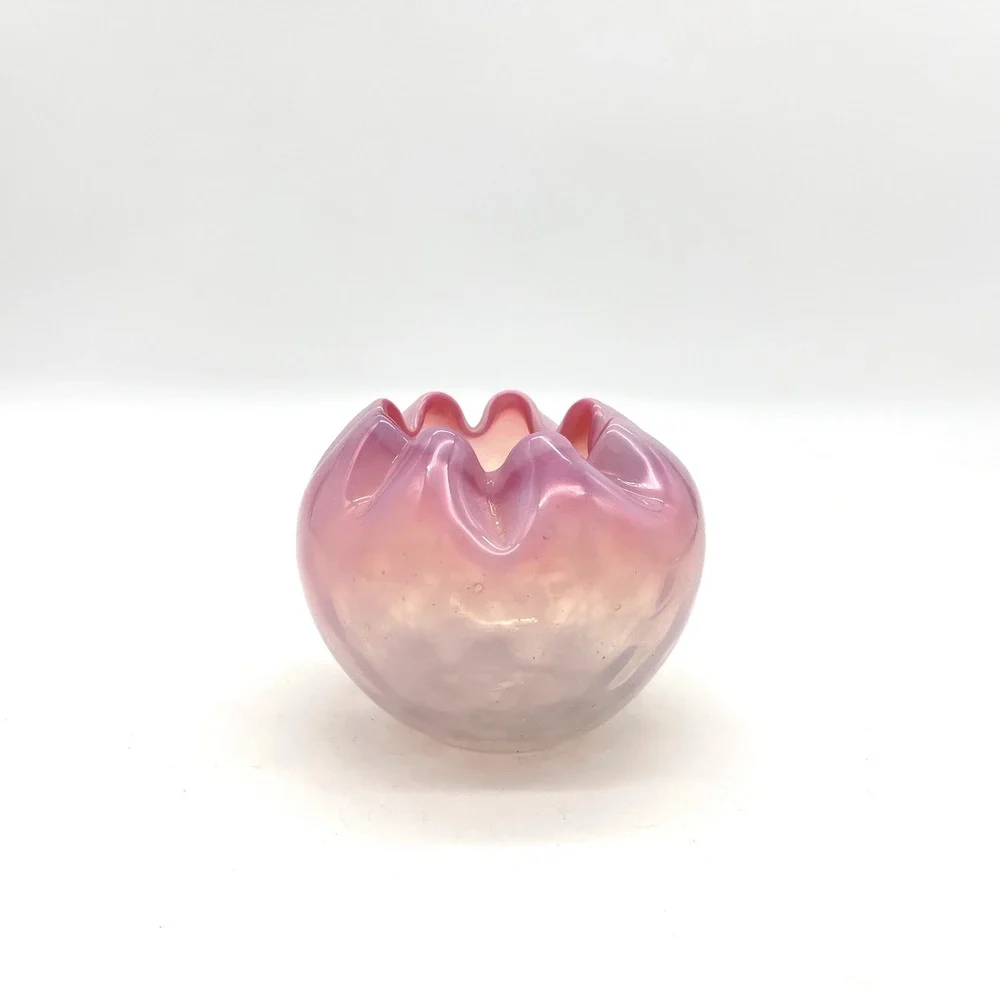 Vintage Pink Satin Glass Rose Bowl Diamond Quilted Crimped Rim Art Glass 3 inch